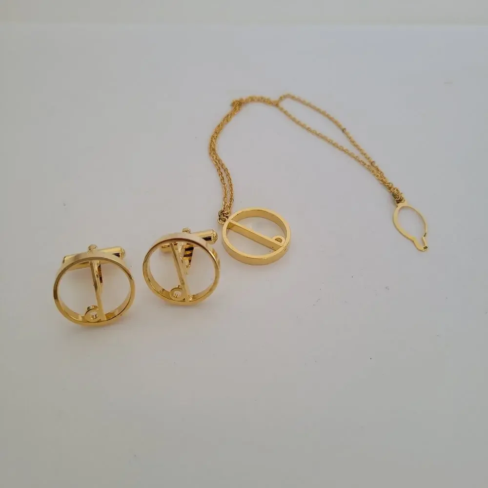 Dunhill Cufflinks Tie Charm Chain Set Gold Tone Logo Round Logo Vintage Box